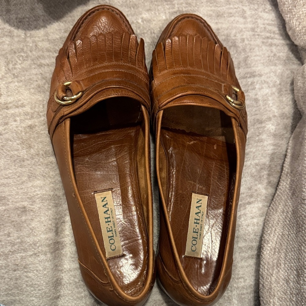 Vintage Cole Haan Made in Italy Tan Leather Loafers with Monk Strap Gold Buckle